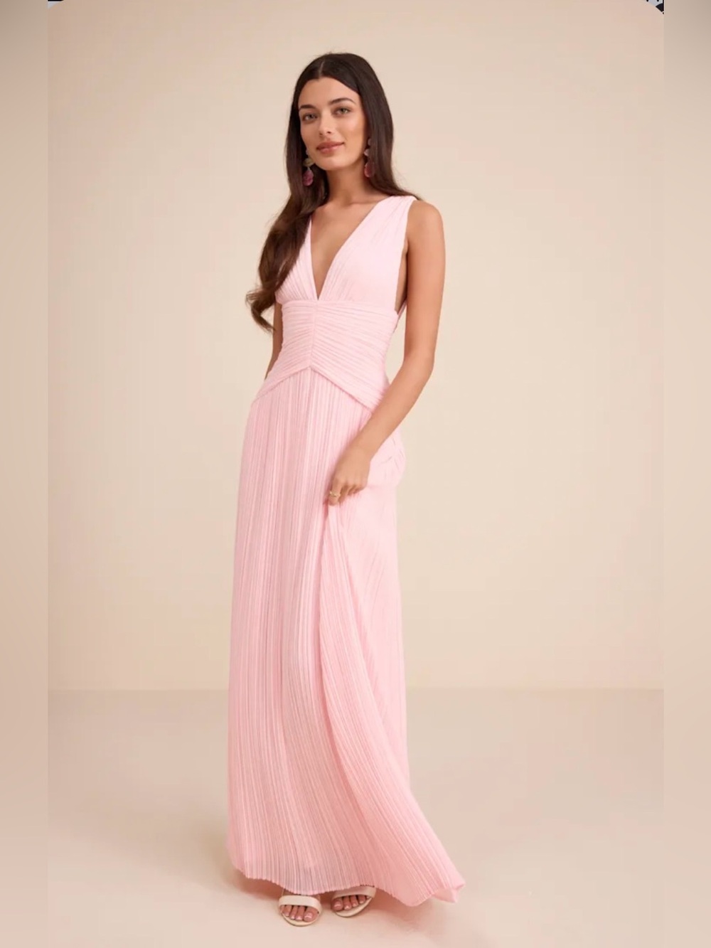 Lulu's Blush Pink Pleated V-Neck Maxi Dress